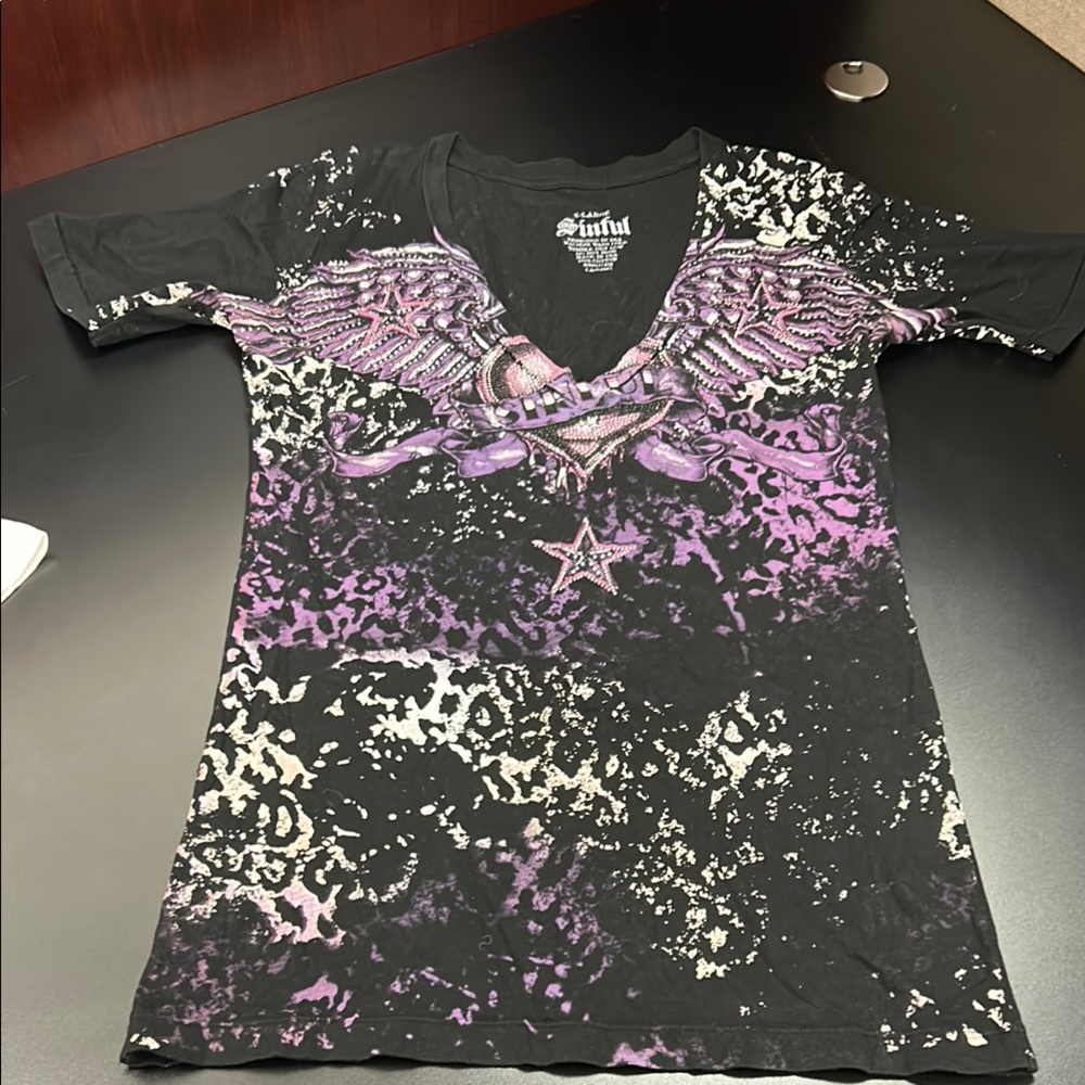 Sinful Black Tee with Purple Star Design
